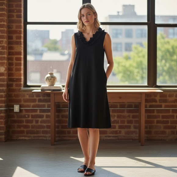 Talbots Dresses & Skirts - Talbots Petites Black Ruffle Neck Sleeveless Knit Shift Dress SP 100% Cotton